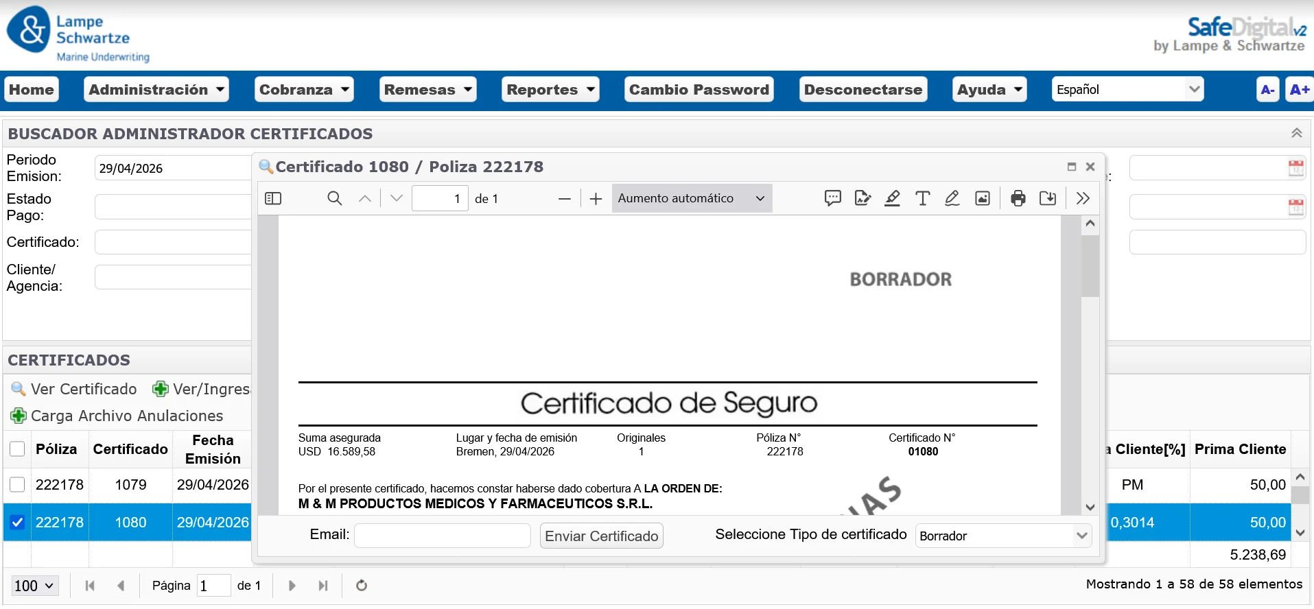 Sistema gestión de seguros Lampe & Schwartze